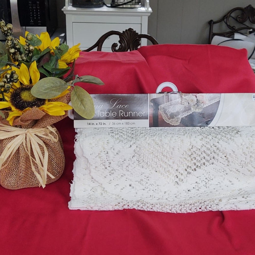 Lace Table Runner and Floral arrangement